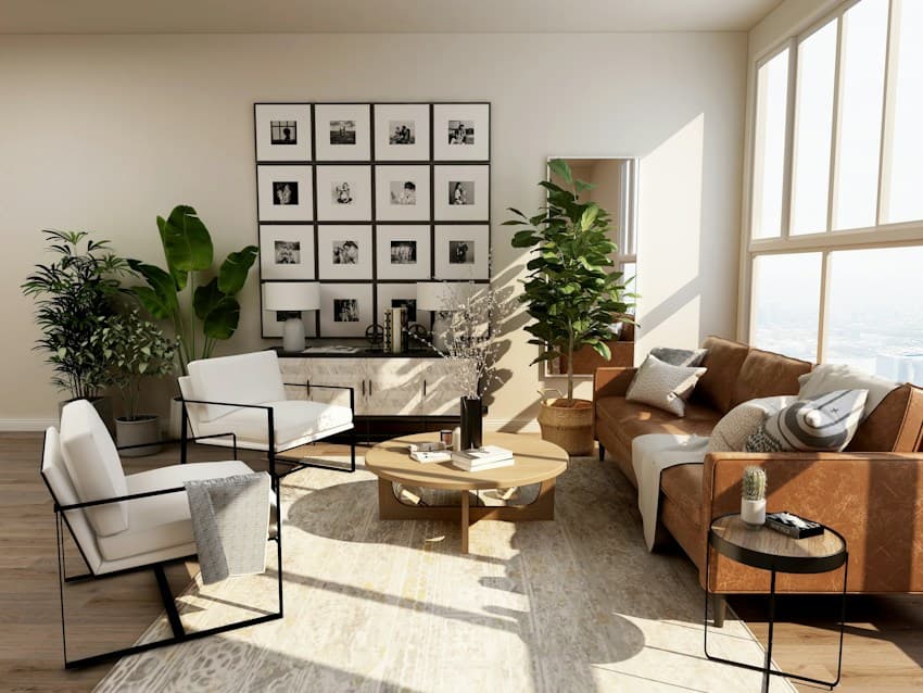 Bright, carefully arranged living room with a cream sofa
