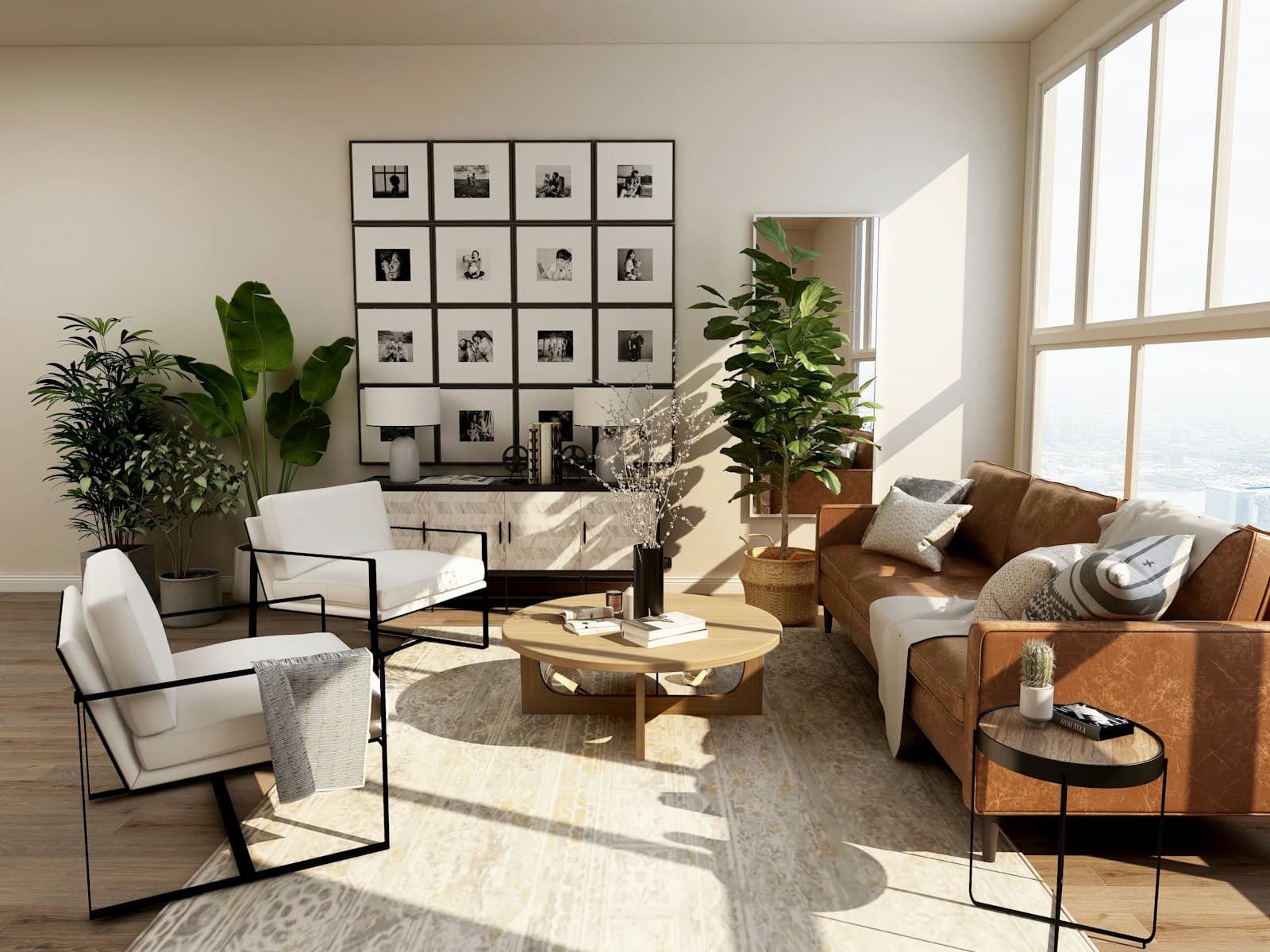 Sunlit living room with a linen sofa, natural wood furniture and a leafy garden view